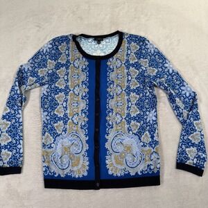 Talbots Medium Blue Yellow English Paisley Knit Cardigan Button Front